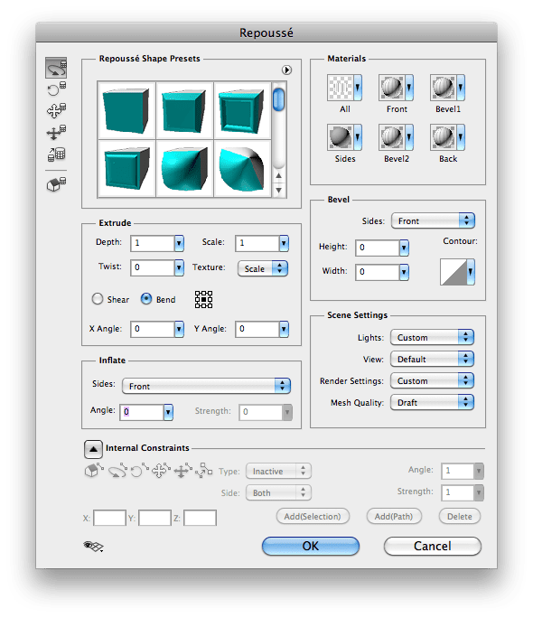 Repoussé filter dialog